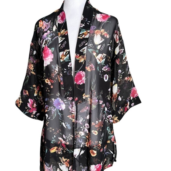 Poscilla Black Floral Open Front Kimono size L - Picture 3 of 17